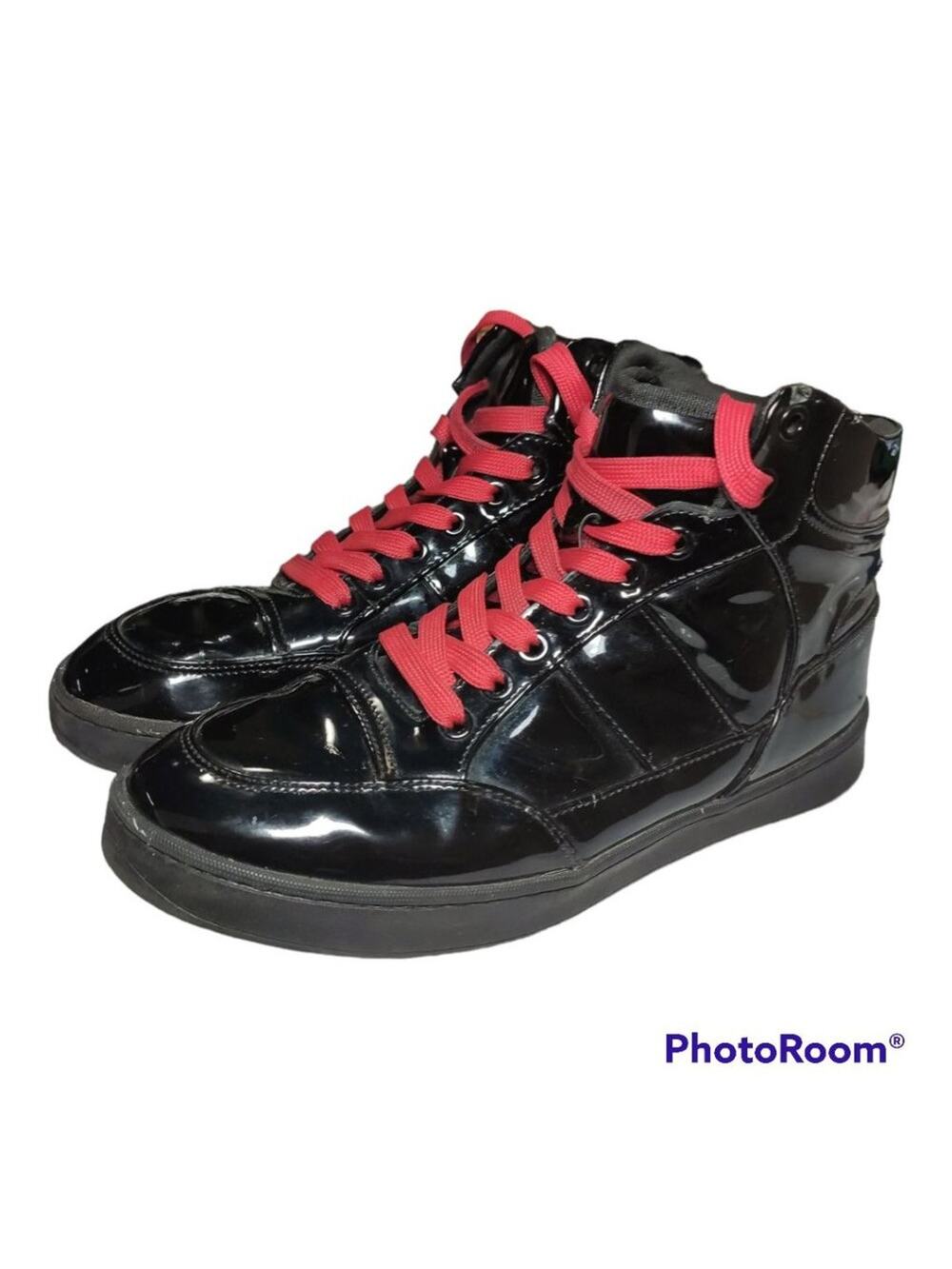 Zara Patent Leather High Top Sneakers Black Red Lace Up Women US 9